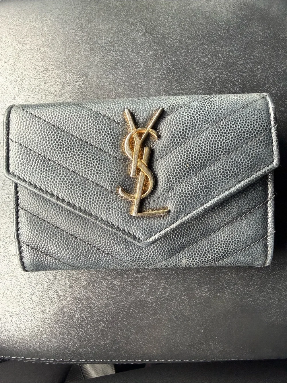 Saint Laurent Black Quilted Chevron Compact Wallet with Gold YSL Emblem